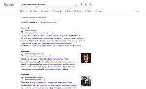 Wettermark Keith, an Alabama based personal injury law firm, has ads showing for irrelevant searches. Pictured is their ad for the search "Car Accident Lawyer Disbarred”.