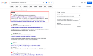 David J. Shrager, a West Virginia based criminal defense law firm, has ads showing for irrelevant searches. Pictured is their ad for the search “Criminal Defense Lawyer Resume”.