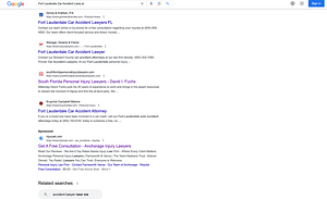 Farnsworth & Vance, an Alaska based personal injury law firm, has ads showing for irrelevant searches. Pictured is their ad for the search "Fort Lauderdale Car Accident Lawyer".