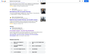 M&Y Personal Injury Lawyers, a California based personal injury law firm, has ads showing for irrelevant searches. Pictured is their ad for the search “Baltimore Car Accident Lawyer”.