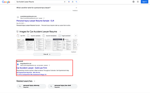The Gold Law Firm, a Colorado based personal injury law firm, has ads showing for irrelevant searches. Pictured is their ad for the search "Car Accident Lawyer Resume”.
