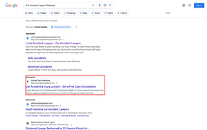 Grimes Teich Anderson a law firm servicing North and South Carolina ad appears in a google search for car accident lawyer disbarred.