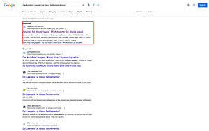 Marasco & Nesselbush, a Rhode Island based injury law firm, has ads showing for irrelevant searches. Pictured is their ad for the search "Car Accident Lawyer Lied About Settlement Amount".