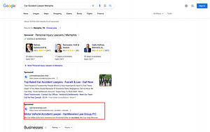 VanMeveren Law Group, a Colorado based personal injury law firm, has ads showing for irrelevant searches. Pictured is their ad for the search "Car Accident Lawyer Memphis”.