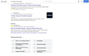 Moore Faust Injury Law Group, a South Dakota based personal injury law firm, has ads showing for irrelevant searches. Pictured is their ad for the search “Car Accident Lawyer Tampa”.