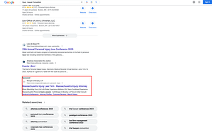 Morgan & Murphy, a Massachusetts based personal injury law firm, has ads showing for irrelevant searches. Pictured is their ad for the search "Injury Lawyer Convention".