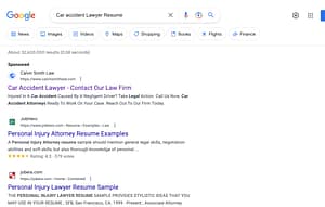 Calvin Smith Law, a Georgia based personal injury law firm, has ads showing for irrelevant searches. Pictured is their ad for the search "Car Accident Lawyer Resume".