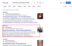 Shapiro Law Group, a Florida & Massachusetts based personal injury law firm, has ads showing for irrelevant searches. Pictured is their ad for the search "Car Accident Lawyer Website Template".