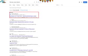 M. Reid Legal Solutions, a Missouri based bankruptcy and DUI law firm, has ads showing for irrelevant searches. Pictured is their ad for the search “Bankruptcy Lawyer Disbarred.