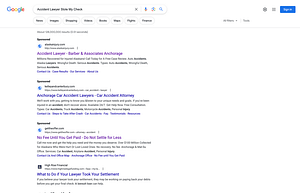 Kelley & Canterbury, an Alaska based personal injury law firm, has ads showing for irrelevant searches. Pictured is their ad for the search "Accident Lawyer Stole My Check".