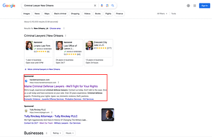Handelman & Mason, a Maine based criminal defense law firm, has ads showing for irrelevant searches. Pictured is their ad for the search "Criminal Lawyers New Orleans".