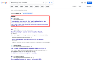 Pagel Hager Law Firm, a North Dakota based personal injury law firm, has ads showing for irrelevant searches. Pictured is their ad for the search “Personal Injury Lawyer Convention”.