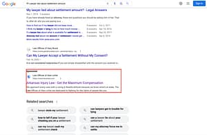 Law Offices of Alan Levar, an Arkansas based personal injury law firm, has ads showing for irrelevant searches. Pictured is their ad for the search "PI Lawyer About Settlement Amount".