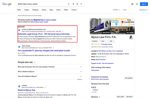 Robinette Legal Group, a West Virginia based personal injury law firm, has ads showing for irrelevant searches. Pictured is their ad for the search “Beatrix Bijoux Injury Lawyer”.