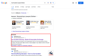 Barber & Associates, a Alaska based personal injury law firm, has ads showing for irrelevant searches. Pictured is their ad for the search "Car Accident Lawyer Dothan".
