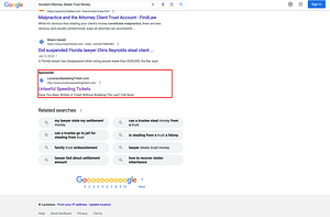 Louisiana Speeding Ticket, a Louisiana based speeding ticket law firm, has ads showing for irrelevant searches. Pictured is their ad for the search "Accident Attorney Steals Trust Money".