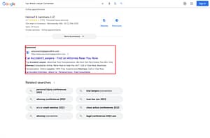 Groth Law Firm, a Wisconsin based personal injury law firm, has ads showing for irrelevant searches. Pictured is their ad for the search “Car Wreck Lawyer Convention”.