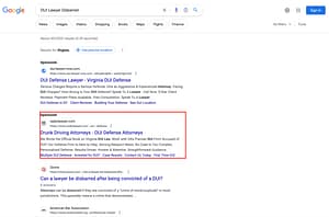Tillotson & Martin, a Virginia based DUI law firm, has ads showing for irrelevant searches. Pictured is their ad for the search "DUI Lawyer Disbarred".