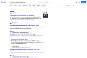 Law Brothers, a California based personal injury law firm, has ads showing for irrelevant searches. Pictured is their ad for the search "Car Accident Lawyer Template Email".