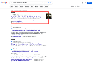 Coplan + Crane, an Illinois based personal injury law firm, has ads showing for irrelevant searches. Pictured is their ad for the search "Car Accident Lawyer Stole My Check".