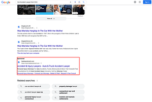 Beebe & O'Neil, a Connecticut based personal injury law firm, has ads showing for irrelevant searches. Pictured is their ad for the search "Car Accident Lawyer From SVU".