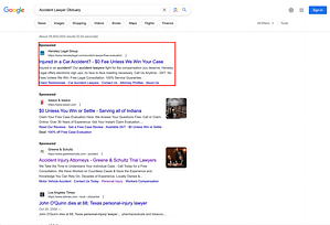 Hensley Legal Group, an Indiana based personal injury law firm, has ads showing for irrelevant searches. Pictured is their ad for the search "Accident Lawyer Obituary".