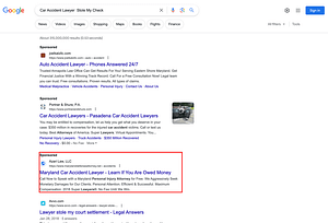 Azari Law, a Maryland based personal injury law firm, has ads showing for irrelevant searches. Pictured is their ad for the search "Car Accident Lawyer Stole My Check".