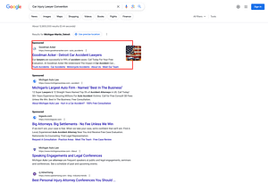 Goodman Acker, a Michigan based personal injury law firm, has ads showing for irrelevant searches. Pictured is their ad for the search "Car Injury Lawyer Convention".