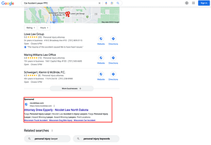 Nicolet Law, a North Dakota based personal injury law firm, has ads showing for irrelevant searches. Pictured is their ad for the search “Car Accident Lawyer PPC”.