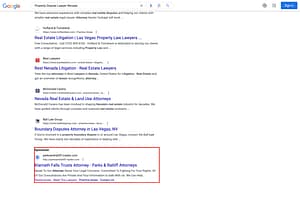Parks & Ratliff, an Oregon based personal injury law firm, has ads showing for irrelevant searches. Pictured is their ad for the search "Property Dispute Lawyer Nevada".