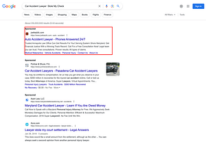 Law Offices of Joel L. Katz, a Maryland based personal injury law firm, has ads showing for irrelevant searches. Pictured is their ad for the search "Car Accident Lawyer Stole My Check".
