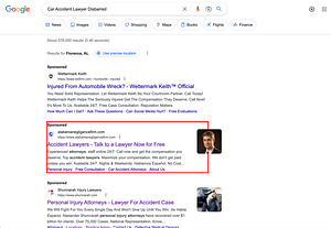 Alexander Shunnarah, an Alabama based personal injury law firm, has ads showing for irrelevant searches. Pictured is their ad for the search "Car Accident Lawyer Disbarred”.