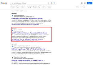 Johnstone & Gabhart, a West Virginia based personal injury law firm, has ads showing for irrelevant searches. Pictured is their ad for the search “Car Accident Lawyer Disbarred”.