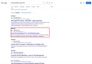 Nicholson Goetz & Otis, a Wisconsin based criminal defense law firm, has ads showing for irrelevant searches. Pictured is their ad for the search “Criminal Defense Lawyer PPC".