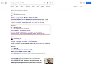 Keches Law Group, a Rhode Island based personal injury law firm, has ads showing for irrelevant searches. Pictured is their ad for the search "Injury Lawyer From The Wire".