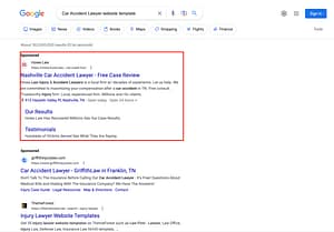 Howe.Law, a Tennessee based personal injury law firm, has ads showing for irrelevant searches. Pictured is their ad for the search "Car Accident Lawyer website template".