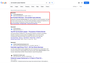 Salango Law, a West Virginia based personal injury law firm, has ads showing for irrelevant searches. Pictured is their ad for the search “Car Accident Lawyer Disbarred”.