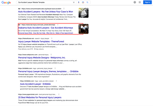 Timberlake & League, an Alabama based personal injury law firm, has ads showing for irrelevant searches. Pictured is their ad for the search "Car Accident Lawyer Website Template”.