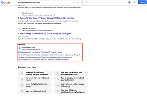 Chopin Law Firm, a Louisiana based personal injury law firm, has ads showing for irrelevant searches. Pictured is their ad for "Accident Lawyer Stole My Check".