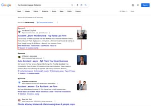 Bottaro Injury Lawyers, a Rhode Island based personal injury law firm, has ads showing for irrelevant searches. Pictured is their ad for the search "Car Accident Lawyer Disbarred".