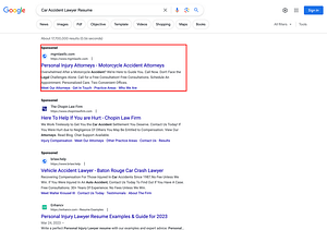 Morrow Gates & Morrow, a Louisiana based personal injury law firm, has ads showing for irrelevant searches. Pictured is their ad for the search "Car Accident Lawyer Resume".