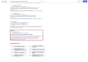 Arnold & Smith, a North Carolina based personal injury law firm, has ads showing for irrelevant searches. Pictured is their ad for the search "Personal Injury Lawyer Lied About Settlement Check".