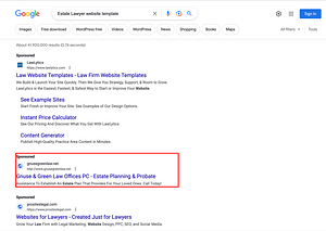 Gnuse Law Offices, a Nebraska based divorce & family law firm, has ads showing for irrelevant searches. Pictured is their ad for the search “Estate Lawyer Website Template".