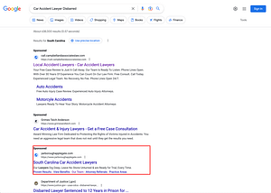 An ad from Yarborough Applegate law firm, out of Charleston, South Carolina, appears after a search of disbarred attorneys.