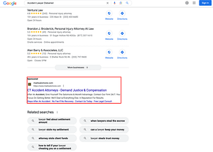 Law Offices of Mark E. Salomone, a Connecticut & Massachusetts based personal injury law firm, has ads showing for irrelevant searches. Pictured is their ad for the search "Accident Lawyer Disbarred".