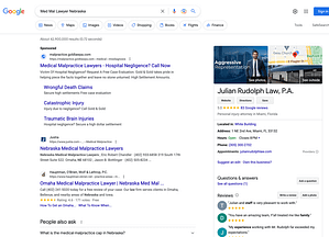 Gold & Gold, a Florida based medical malpractice and wrongful death law firm, has ads showing for irrelevant searches. Pictured is their ad for the search "Med Mal Lawyer Nebraska".
