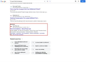 Stone Rose Law, an Arizona based personal injury law firm, has ads showing for irrelevant searches. Pictured is their ad for the search "PI Lawyer Stole My Settlement".