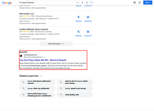 Morris & Dewett, a Louisiana based personal injury law firm, has ads showing for irrelevant searches. Pictured is their ad for the search "PI Lawyer Disbarred".