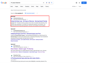 Cohen & Cohen Law, a Florida based personal injury law firm, has ads showing for irrelevant searches. Pictured is their ad for the search "PI Lawyer Disbarred".