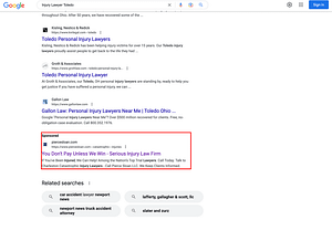 Pierce, Sloan, Kennedy & Early, a South Carolina based trial law firm, has ads showing for irrelevant searches. Pictured is their ad for the search “Injury Lawyer Toledo”.